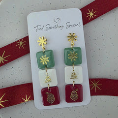 Polymer Clay Earrings - Gold 3 Christmas Tile Stack