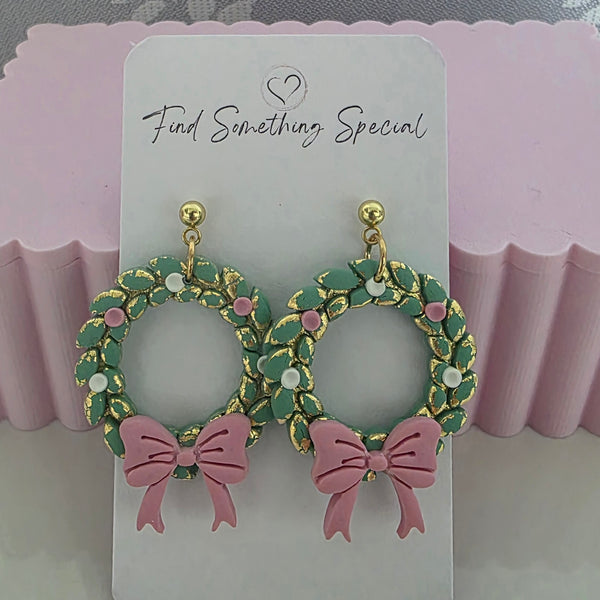 Polymer Clay Earrings - Pink Bow Christmas Wreath