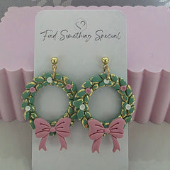 Polymer Clay Earrings - Pink Bow Christmas Wreath
