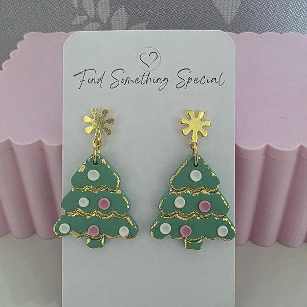 Polymer Clay Earrings - Christmas Tree White Pink and White