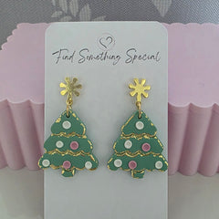 Polymer Clay Earrings - Christmas Tree White Pink and White