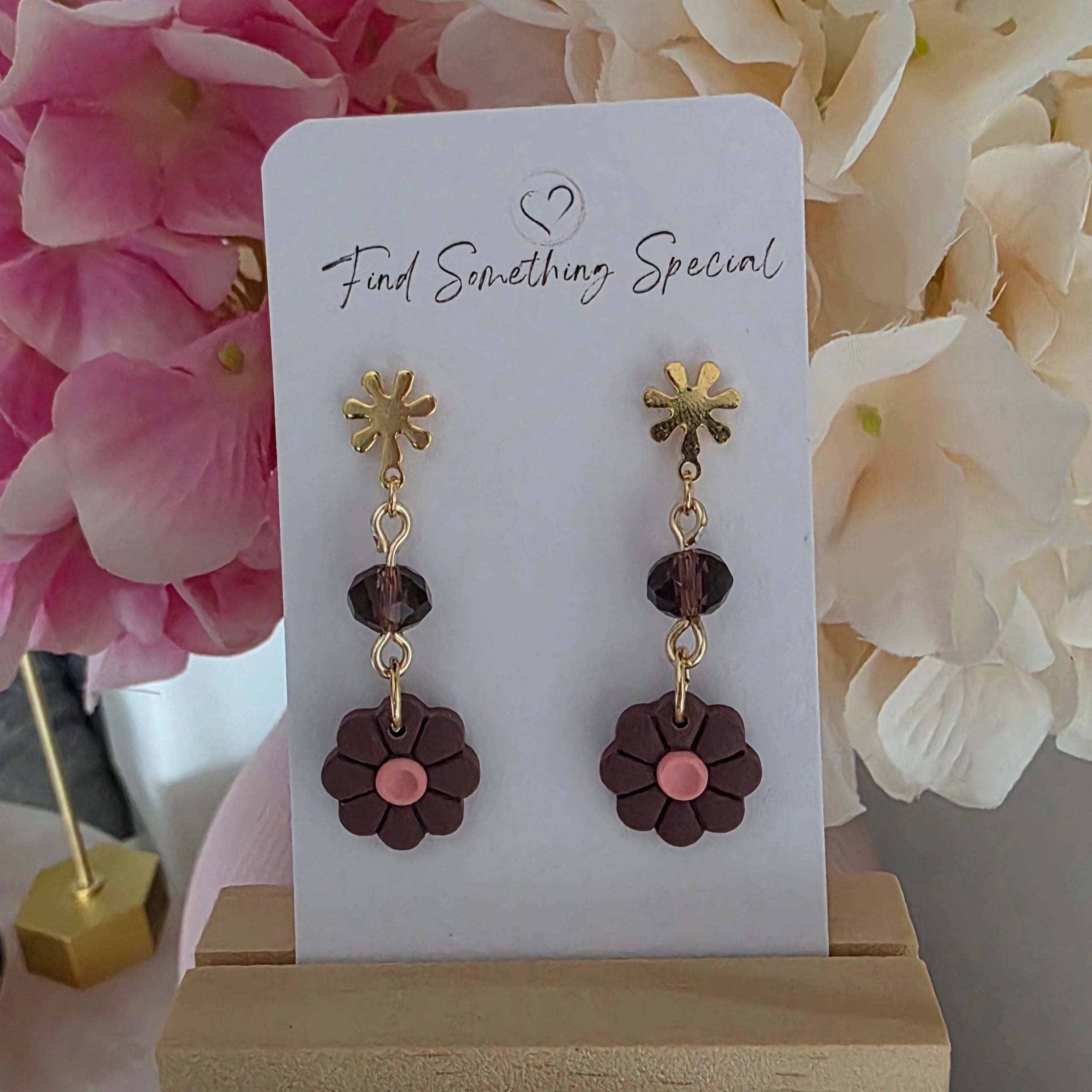 Polymer Clay Earrings - 8 Petal Flower Dangles with bead
