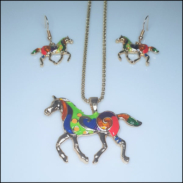 Rainbow Horse Pendant and Earring Set - Gold Plated