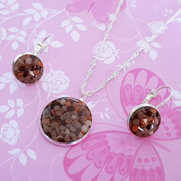 Handmade Resin Pendant and Earring Set - Brown