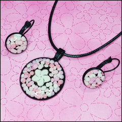 Handmade Resin Pendant and Earring Set - White Flower/Pale Pink