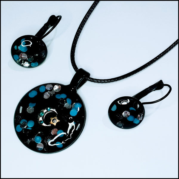 Handmade Resin Pendant and Earring Set - Black/Teal with Moon