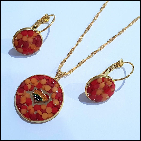 Handmade Resin Pendant & Earring Set - Red/Yellow with Rainbow heart