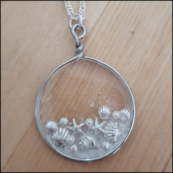 Handmade Layered Resin & Wire Pendant - Silver Shell Cluster in Circle