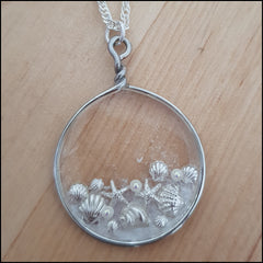 Handmade Layered Resin & Wire Pendant - Silver Shell Cluster in Circle
