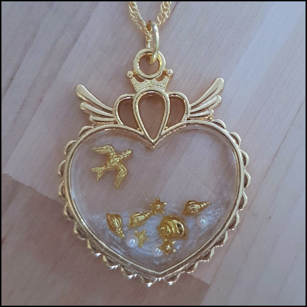 Handmade Layered Resin Gold Heart Beach Scene Pendant