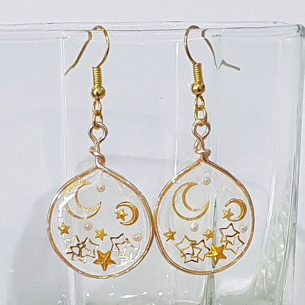 Handmade Layered Resin & Wire Earrings - Gold Stars & Moon