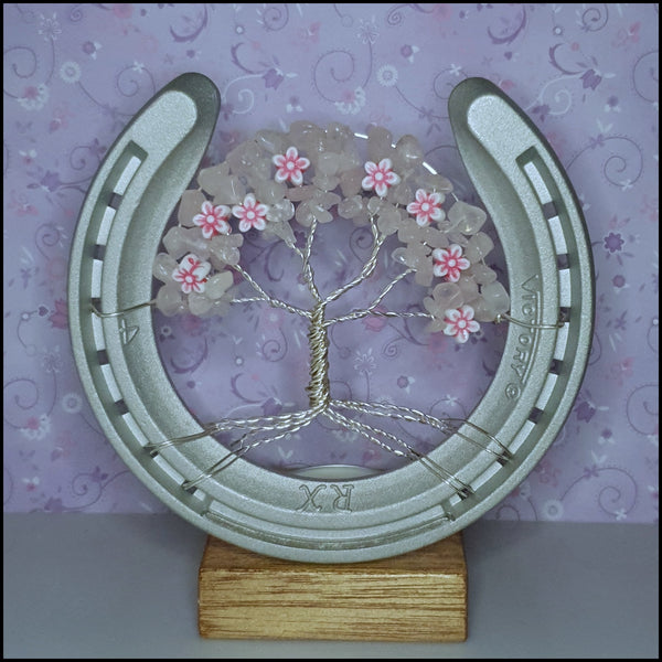 Handmade Tree of Life Horseshoe Candle - Rose Quartz with Flowers