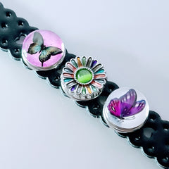 Heart Pattern Leather 3 Snap Bracelet Black - Set 1