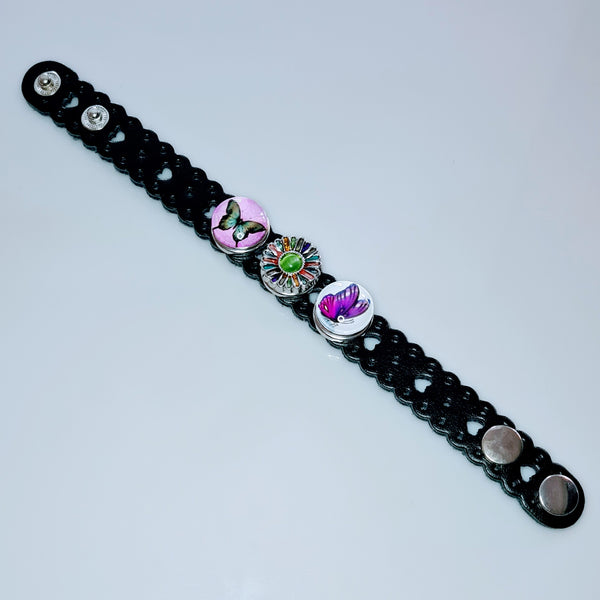 Heart Pattern Leather 3 Snap Bracelet Black - Set 1