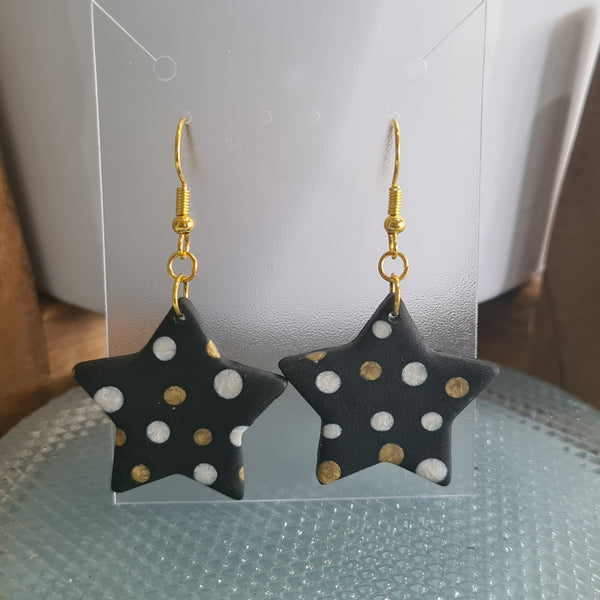 Polymer Clay Earrings Dangling Large Star - Black with White & Gold Dots