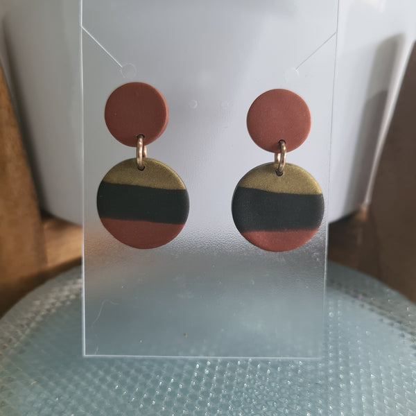 Polymer Clay Earrings Double Circles  - Bronze, Black & Gold