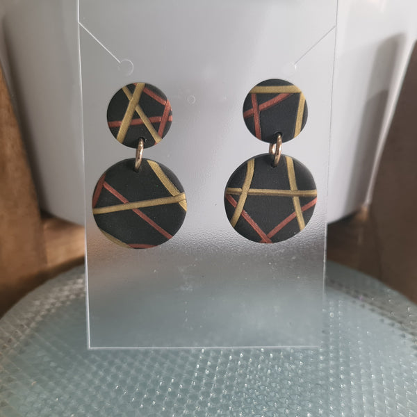 Polymer Clay Earrings Double Circles  - Black with Bronze & Gold Geometric