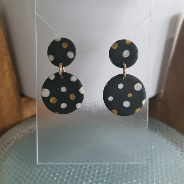 Polymer Clay Earrings Double Circles  - Black with White & Gold Dots
