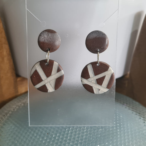Polymer Clay Earrings Double Circles  - Bronze & White Geometric
