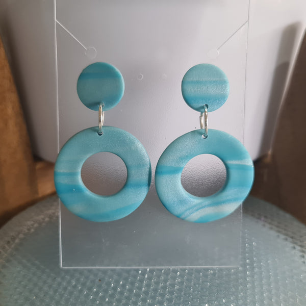Polymer Clay Earrings Hollow Circles  - Sky Blue Swirl