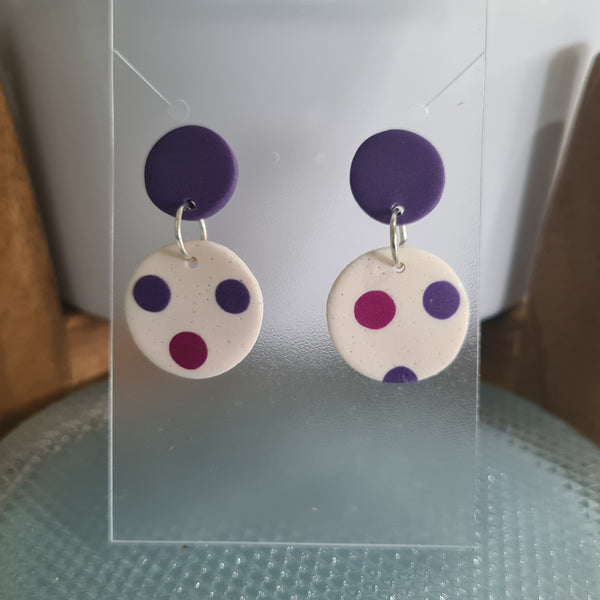 Polymer Clay Earrings Double Circles  - Purple & White with Dots