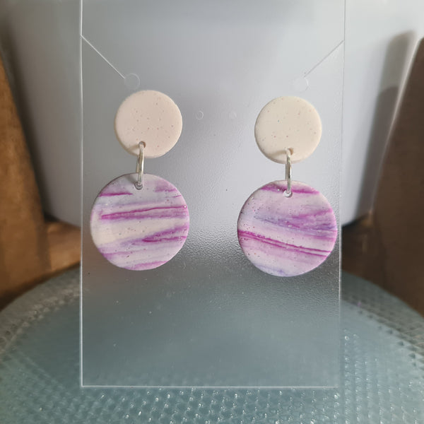 Polymer Clay Earrings Double Circles  - White & Pink Swirl