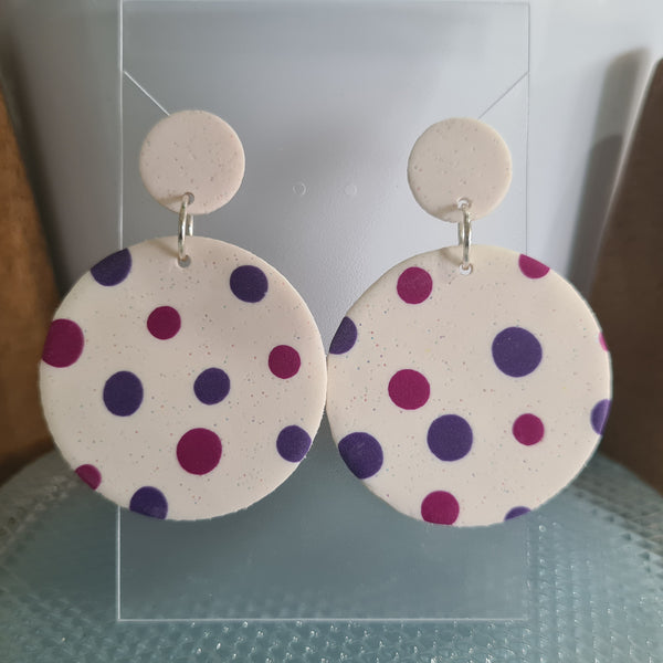 Polymer Clay Earrings Oversized Disc - White with Rose & Purple Polka Dots