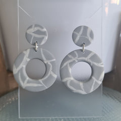 Polymer Clay Earrings Hollow Circles  - Grey with White Webbing