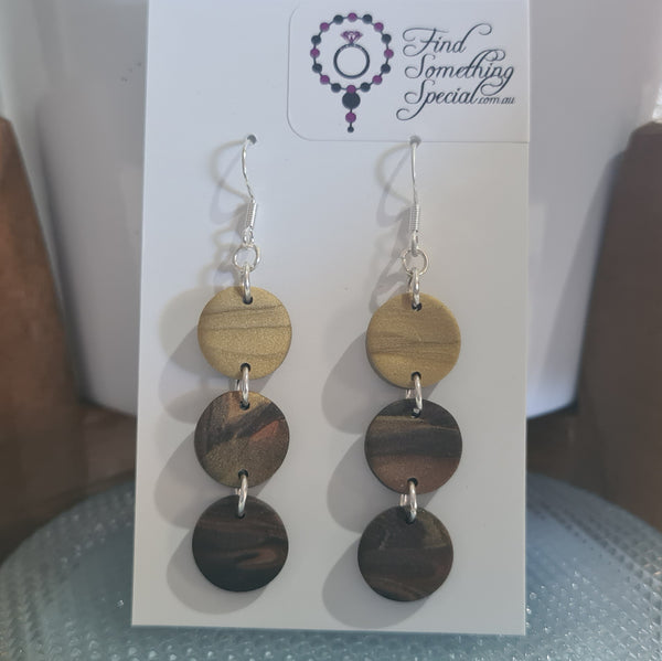 Polymer Clay Earrings Three Small Circles on Hooks - Gold/Black