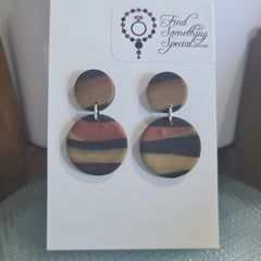 Polymer Clay Earrings Double Circles  - Black with Bronze & Gold Swirl