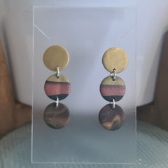 Polymer Clay Earrings Three Small Circles  - Black/Gold Bronze