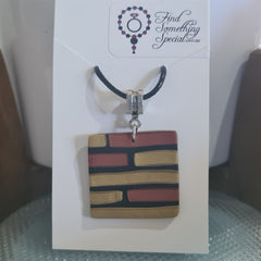 Polymer Clay Square Pendant  - Black with Bronze & Gold Brick