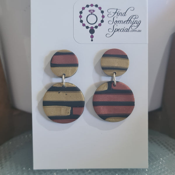 Polymer Clay Earrings Double Circles  - Black with Bronze & Gold Brick
