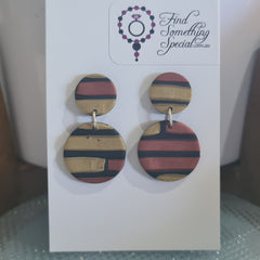 Polymer Clay Earrings Double Circles  - Black with Bronze & Gold Brick