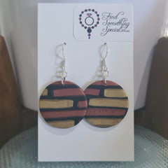 Polymer Clay Earrings Large Circle on Hooks - Black with Bronze/Gold Brick