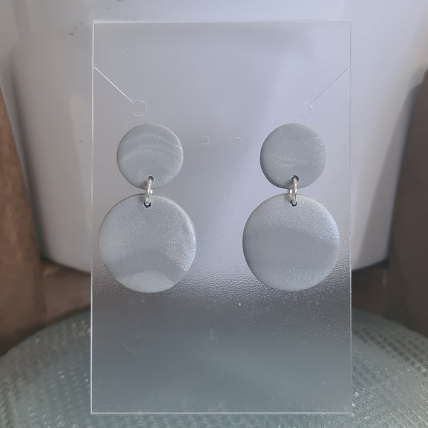 Polymer Clay Earrings Double Circles  - Grey & Silver Swirl