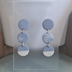 Polymer Clay Earrings Three Small Circles  - Stone Blue & White Combo 1