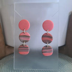 Polymer Clay Earrings Three Small Circles  - Coral With Gold/Grey Swirl