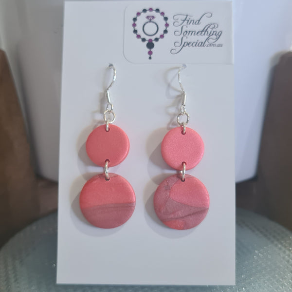 Polymer Clay Earrings Double Circle on Hooks - Pink with Subtle Swirl