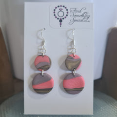 Polymer Clay Earrings Double Circle on Hooks - Pink with Gold/Grey Swirl