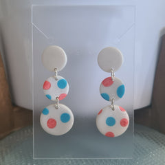 Polymer Clay Earrings Three Circles  - White with Blue & Red Dots