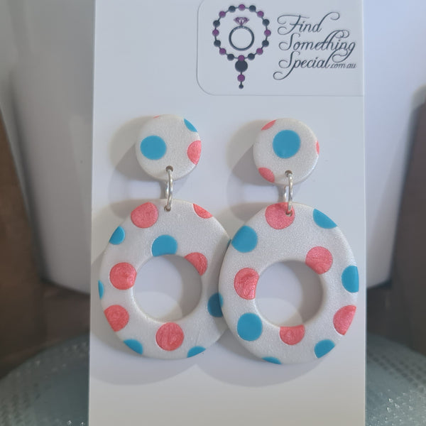 Polymer Clay Earrings Hollow Ovals  - White with Blue & Red Dots