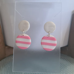 Polymer Clay Earrings Double Circles  - White with Pink Stripes