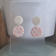 Polymer Clay Earrings Double Circles  - White with Pink Dots