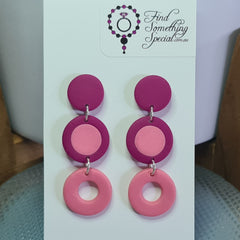 Polymer Clay Earrings Three Circles  - Pink/Rose combo
