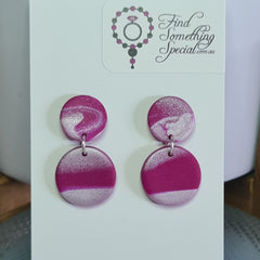 Polymer Clay Earrings Double Circles  - Rose & White Shimmer Swirl