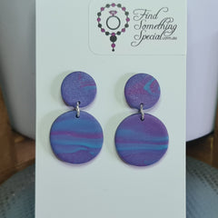 Polymer Clay Earrings Double Circles  - Purple & Blue Swirl