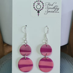 Polymer Clay Earrings Double Circle on Hooks - Rose & Pink