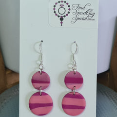 Polymer Clay Earrings Double Circle on Hooks - Rose & Pink