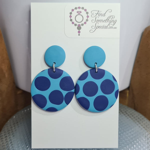 Polymer Clay Earrings Small/Big Circles  - Dark Blue Dots on Light Blue